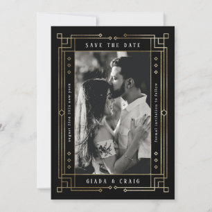 Chic Modern Art Deco Faux Gold Black Save the Date Announcement