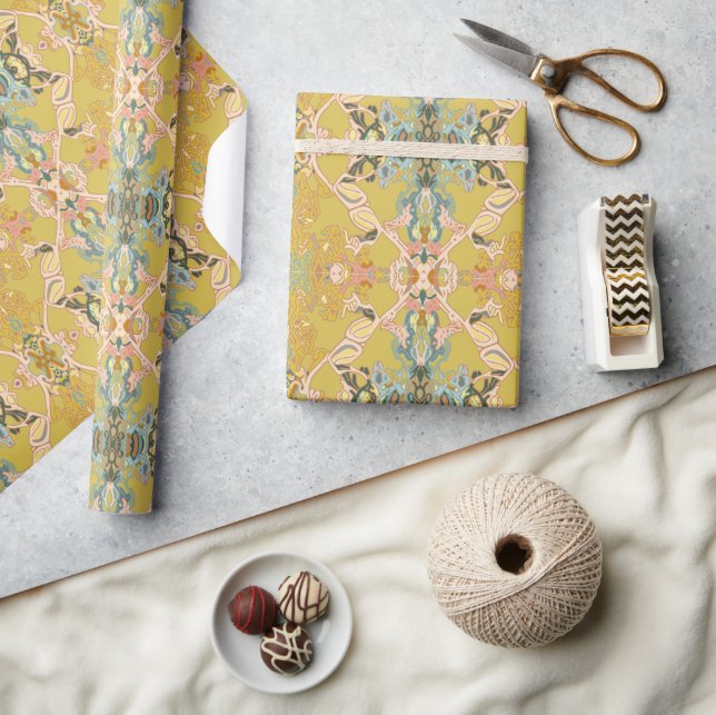 Chic Modern Baroque Pattern in Pink Gold Blue Wrapping Paper (Crafts)
