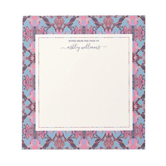 Chic Modern Baroque Pattern Pink Blue Notepad (Front)
