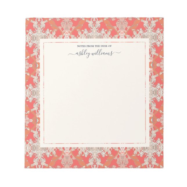 Chic Modern Baroque Pattern Red Orange Ivory Notepad (Front)