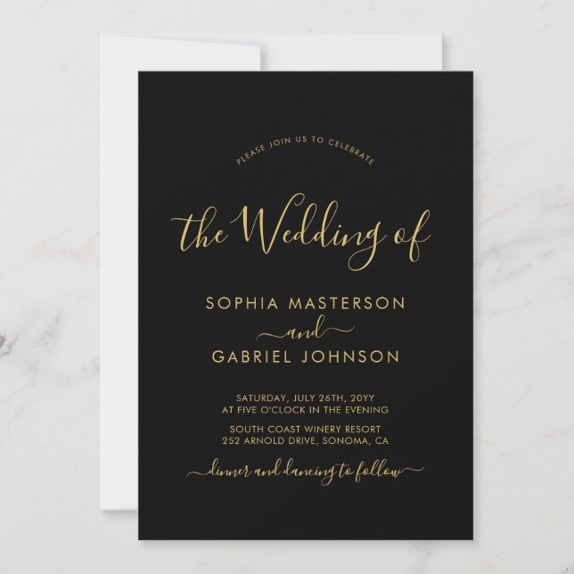 Chic Modern Black and Gold Script Photo Wedding Invitation (Front)