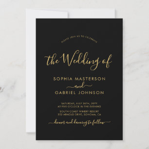 Chic Modern Black and Gold Script Photo Wedding Invitation