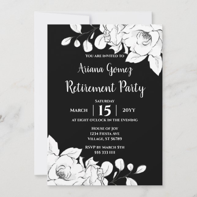 Chic Modern Black And White Floral Retirement Invitation (Front)