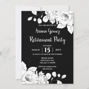 Chic Modern Black And White Floral Retirement Invitation