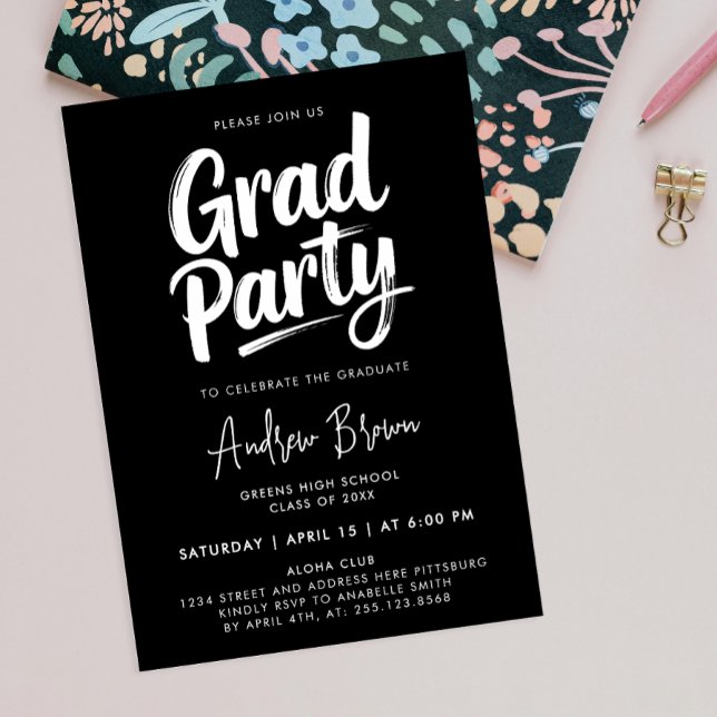 Chic Modern Black And White Grad Brush Ink Script Invitation (Creator Uploaded)