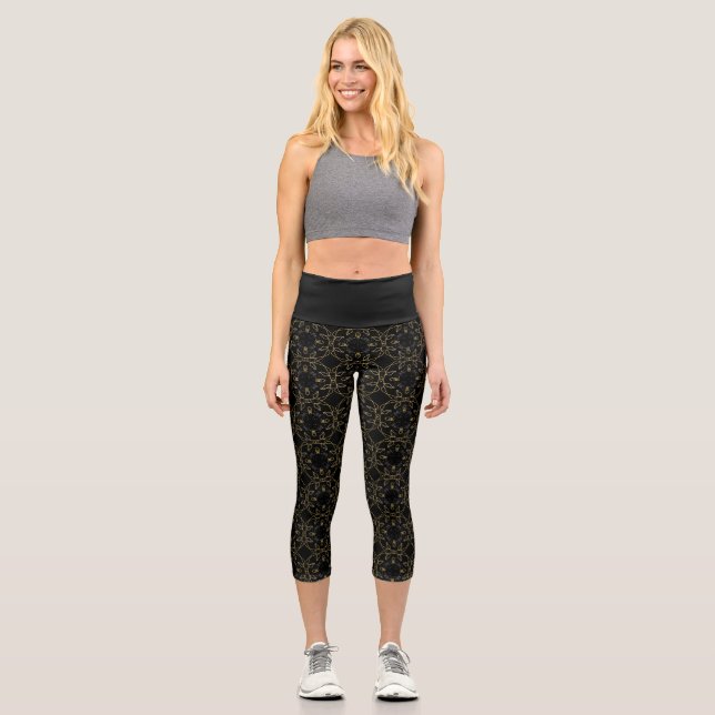 Chic Modern Black & Gold Geometric Pattern Capri Leggings (Front)