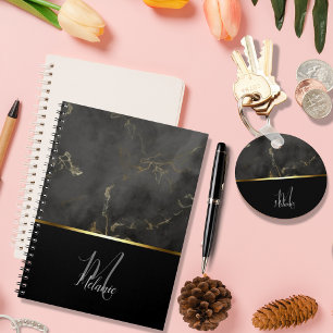 Chic modern Black grey marble gold monogram Keychain
