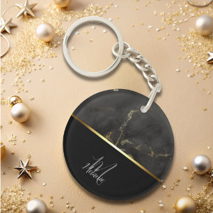 Chic modern Black grey marble gold monogram  Keychain