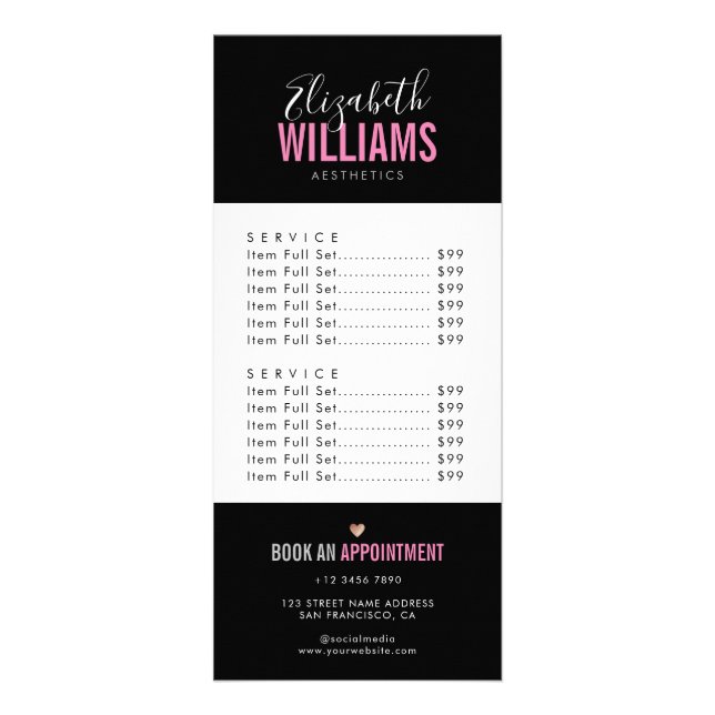 Chic Modern Black Pink Beauty Salon  Rack Card (Front)