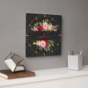 Chic Modern Black Polka Dot and Roses Personalized Square Wall Clock