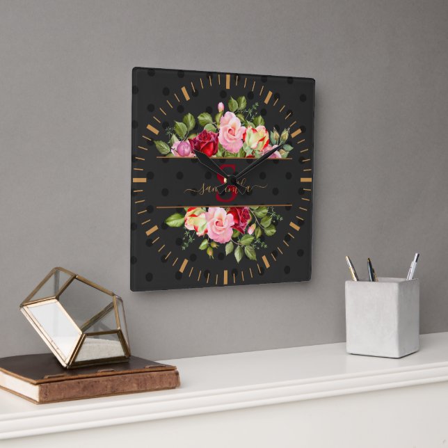 Chic Modern Black Polka Dot and Roses Personalized Square Wall Clock (Office)