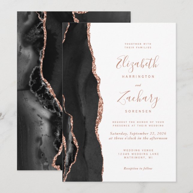 Chic Modern Black Rose Gold Agate Wedding Invitation (Front/Back)