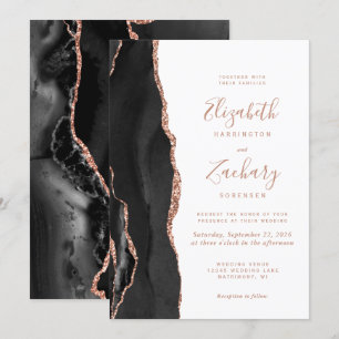 Chic Modern Black Rose Gold Agate Wedding Invitation