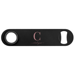 Chic Modern Black Rose Gold Monogram Script Bar Key