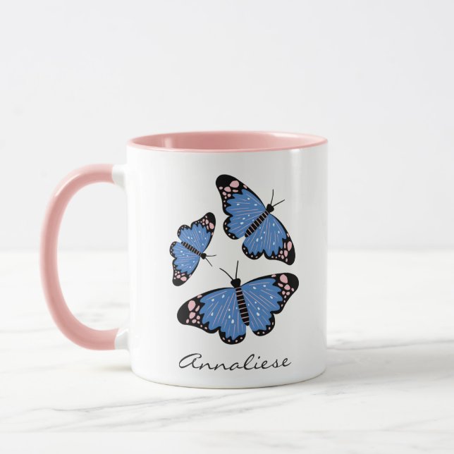 Chic Modern Blue Butterfly Design Personalized Mug (Left)