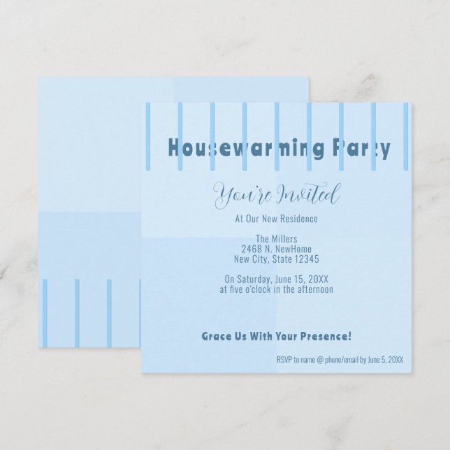 Chic Modern Blue Fence Housewarming Party Invite (Front/Back)