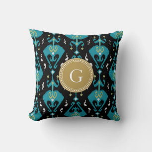 Chic modern blue ikat tribal pattern monogram throw pillow
