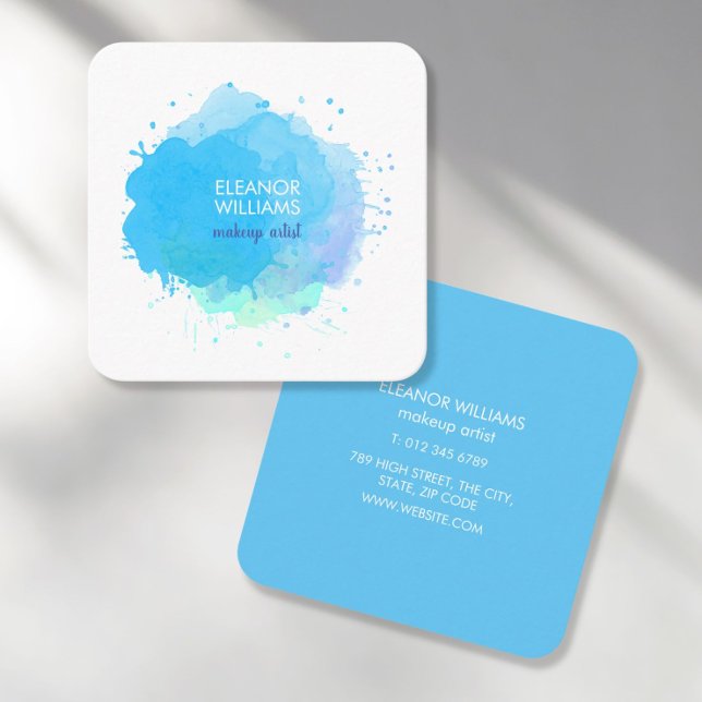 Chic Modern Blue Watercolor Blot Square Business Card (Creator Uploaded)