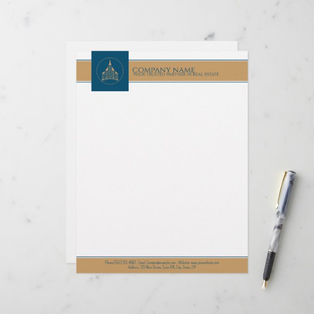 Chic Modern Blue, White, Brown Real Estate Agent  Letterhead (Front/Back In Situ)
