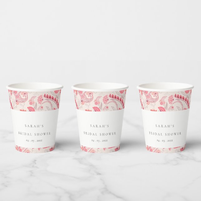 Chic Modern Blush Paisley Typography Bridal Shower Paper Cups (Multi)