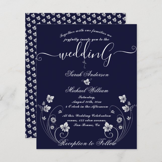 Chic Modern Budget Floral White Wedding Invitation (Front/Back)