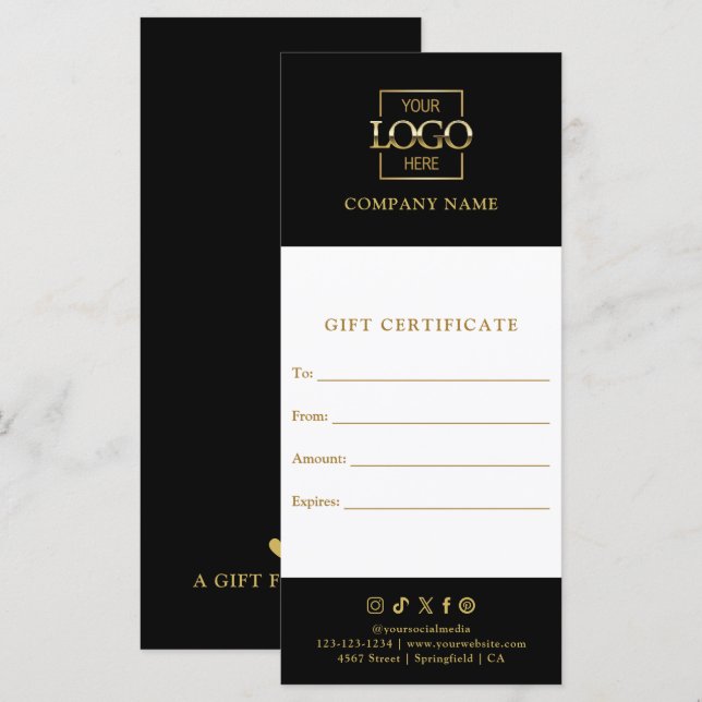 Chic Modern Business Gift Certificate with Logo (Front/Back)