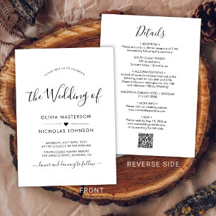 Chic Modern Calligraphy Heart QR Code Wedding Invitation