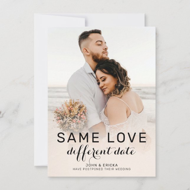 Chic Modern Calligraphy Photo Wedding Postponement Announcement (Front)