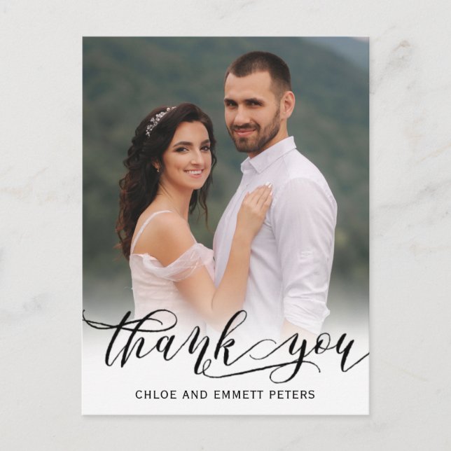 Chic Modern Calligraphy Photo Wedding Thank You Postcard (Front)