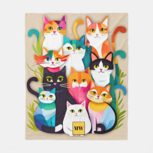 Chic modern colourful cat collage monogram fleece blanket