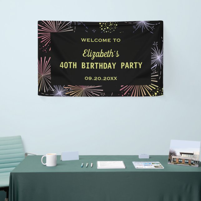 Chic Modern Colourful Fireworks Black Birthday  Banner (Tradeshow)