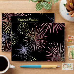 Chic Modern Colourful Fireworks Black Birthday  Envelope