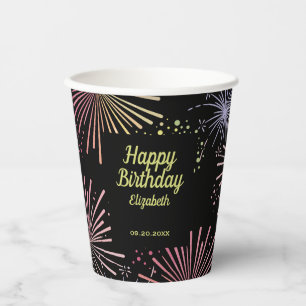 Chic Modern Colourful Fireworks Black Birthday Paper Cups