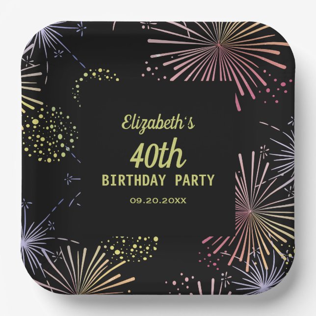 Chic Modern Colourful Fireworks Black Birthday  Paper Plate (Front)