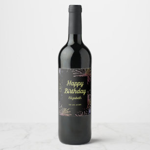 Chic Modern Colourful Fireworks Black Birthday Wine Label