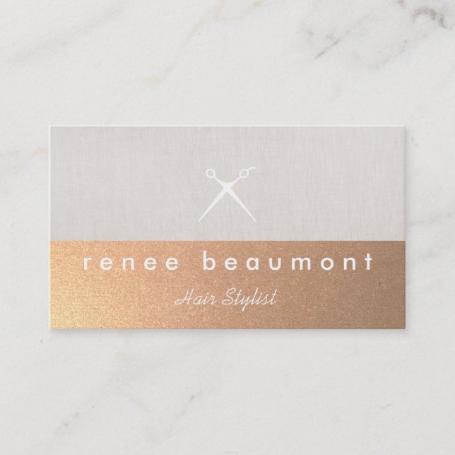 Chic Modern Copper Hairstylist Scissors Logo Business Card (Front)