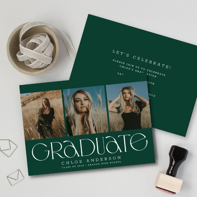 Chic Modern Dark Green 3 Photo Graduation  Announcement (Creator Uploaded)