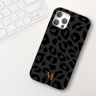 Chic Modern Dark Grey Black Leopard Print Monogram iPhone 15 Case