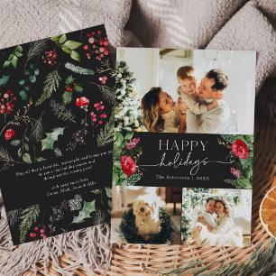 Chic Modern Dark Grey Winter Botanical 3 Photo Holiday Card