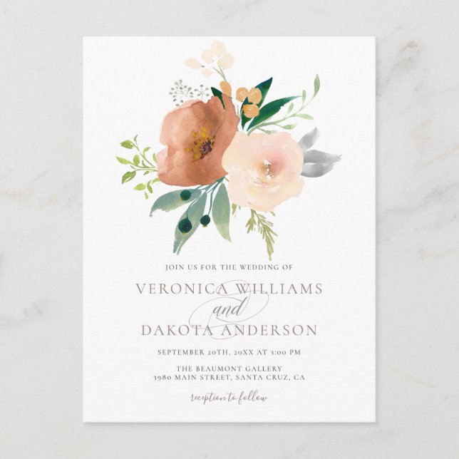 Chic Modern Delicate Watercolor Floral Wedding Invitation Postcard (Front)