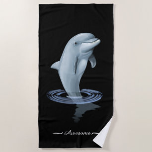 Chic Modern Dolphin & Script on Black Beach Towel
