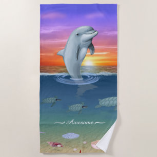 Chic Modern Dolphin, Turtles & Script on the Ocean Beach Towel