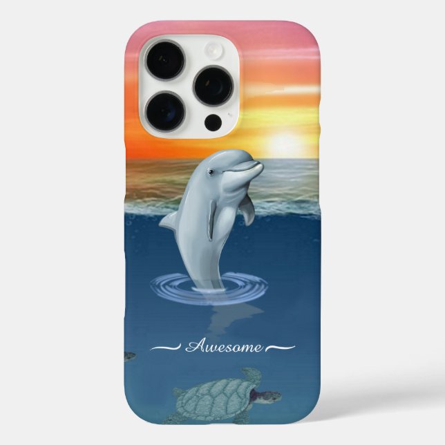 Chic Modern Dolphin, Turtles & Script on the Ocean Case-Mate iPhone Case (Back)