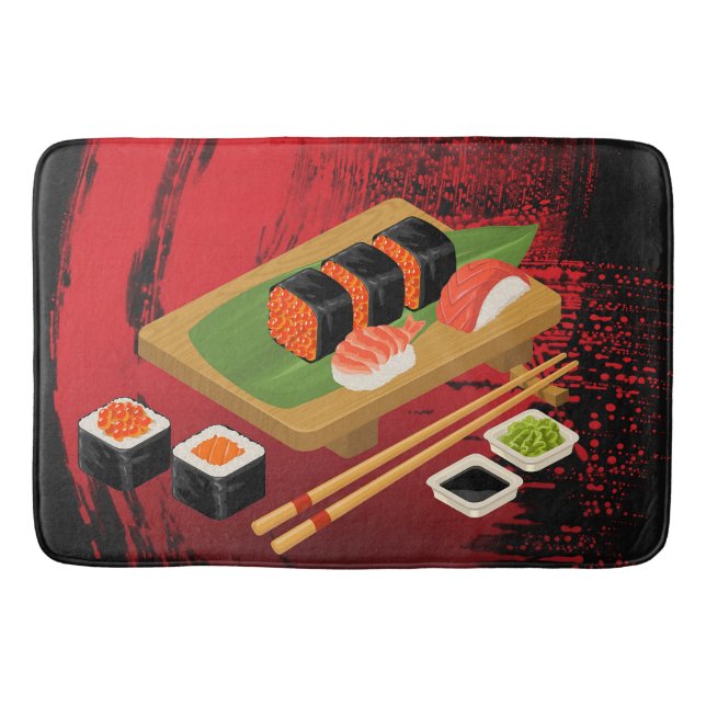 Chic Modern Elegant Black & Red Sushi Bath Mat (Front)