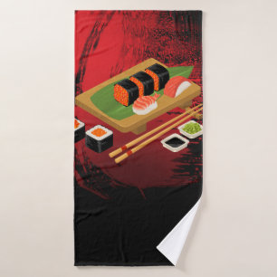 Chic Modern Elegant Black & Red Sushi Bath Towel Set