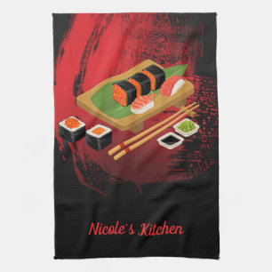 Chic Modern Elegant Black & Red Sushi Kitchen Towel