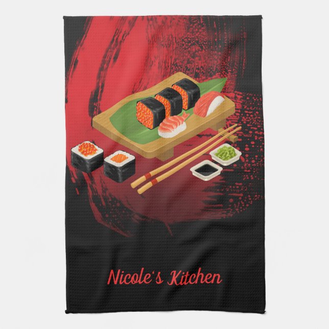 Chic Modern Elegant Black & Red Sushi Kitchen Towel (Vertical)