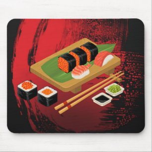 Chic Modern Elegant Black & Red Sushi Mouse Pad