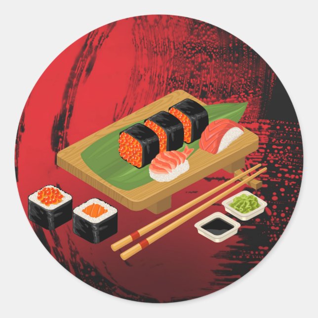 Chic Modern Elegant Black & Red Sushi Party Event Classic Round Sticker (Front)