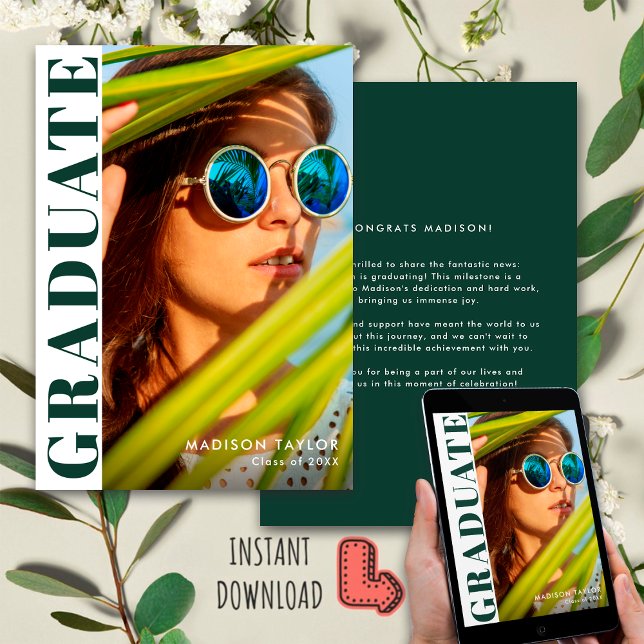 Chic Modern Emerald Green White Photo Graduation  Announcement (Creator Uploaded)